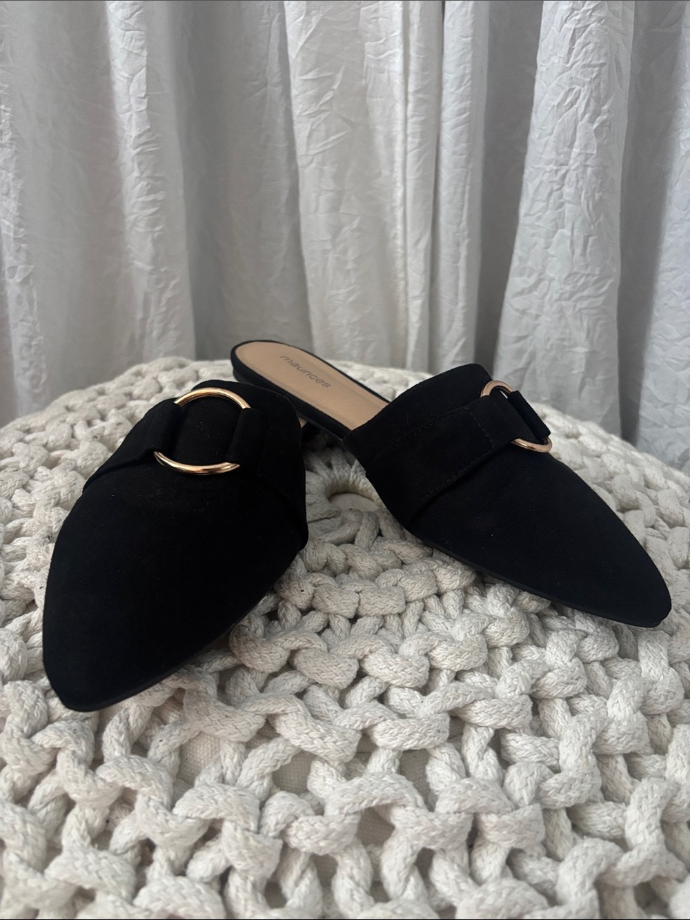 Maurices Black Pointed Mules with Gold Ring Accent